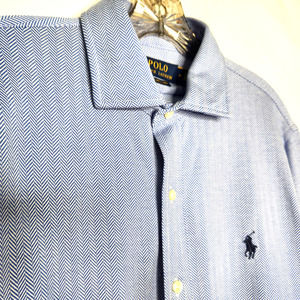 Polo by Ralph Lauren Blue Herringbone Soft Knit Dress Shirt Size M Worn Once